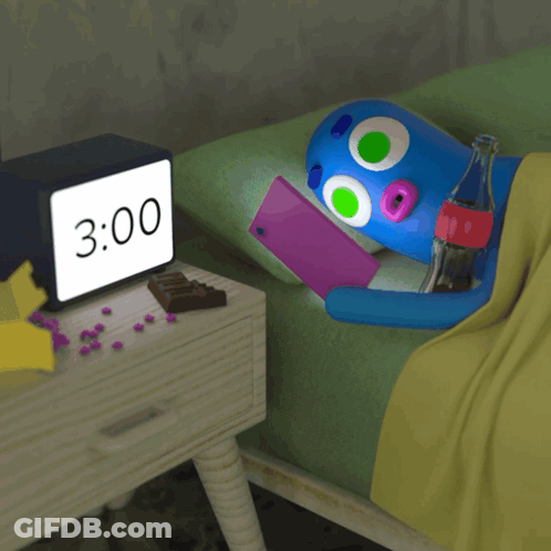 A Cartoon Character Laying On A Bed With A Clock That Says 3:00 GIF
