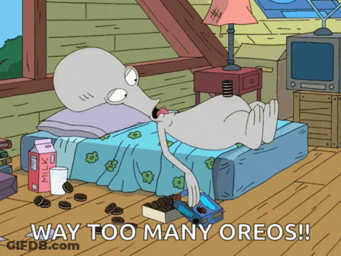 Cartoon Laying On Bed Too Many Oreos GIF