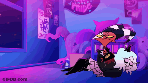 A Cartoon Character Laying On The Floor In Front Of A Sign That Says " I Love Pride " GIF