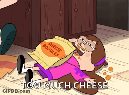 A Cartoon Character Laying On The Floor With A Bag Of Cheese Noodles GIF