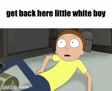 A Cartoon Character Laying On The Floor With The Words Get Back Here Little White Boy Above Him GIF