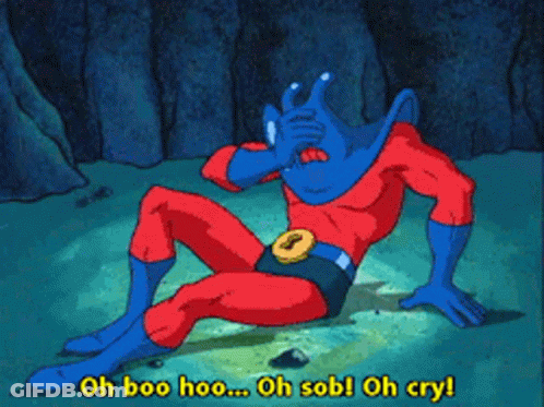 A Cartoon Character Laying On The Ground With The Words Oh Boo Hoo Oh Sob Oh Cry Below Him GIF