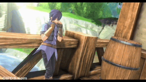 A Cartoon Character Leaning On A Wooden Railing GIF