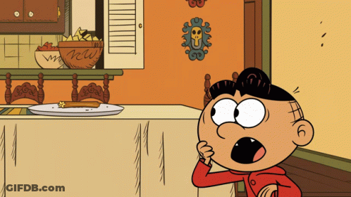 A Cartoon Character Looking At A Plate Of Food With A Skull On The Wall GIF