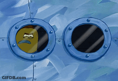 A Cartoon Character Looking Out Of A Window With A Face On It GIF