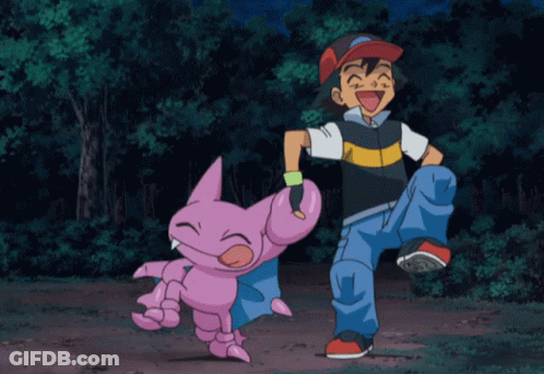 A Cartoon Character Named Ash Is Holding A Pink Monster GIF