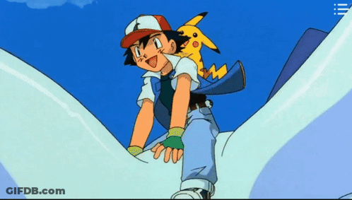 A Cartoon Character Named Ash Is Holding A Yellow Pikachu On His Shoulder GIF