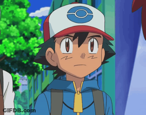 A Cartoon Character Named Ash Is Wearing A Hat With An O On It GIF