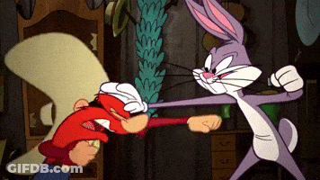 A Cartoon Character Named Bugs Bunny Is Fighting Another Cartoon Character GIF