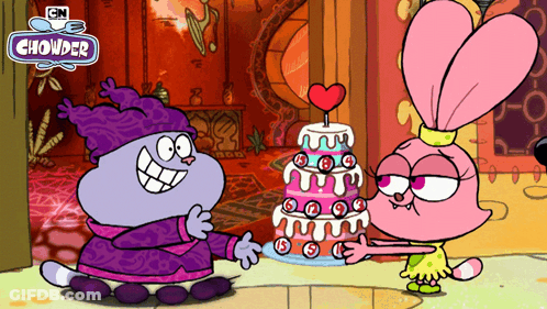 A Cartoon Character Named Chowder Is Standing Next To A Cake GIF