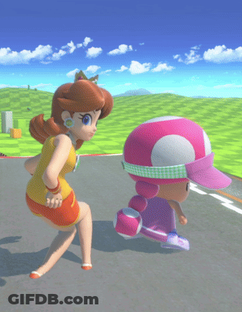 A Cartoon Character Named Daisy And A Cartoon Character Named Toad Are Running Down A Road GIF