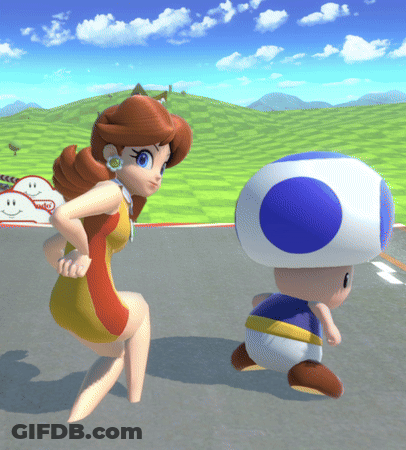 A Cartoon Character Named Daisy Is Standing Next To A Blue And White Toad GIF
