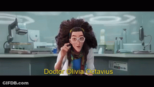 A Cartoon Character Named Doctor Olivia Octavius Is Standing In A Laboratory . GIF