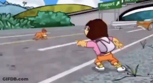 A Cartoon Character Named Dora Is Walking Down A Road . GIF
