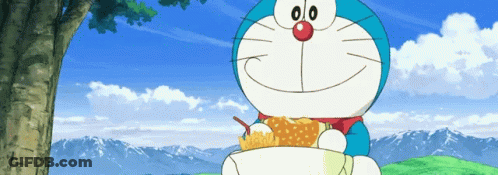 A Cartoon Character Named Doraemon Is Holding A Bowl Of Food GIF