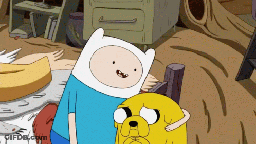 A Cartoon Character Named Finn Is Standing Next To A Yellow Dog Named Jake GIF