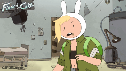 Cartoon Finna And Cake In Front Of Machine GIF