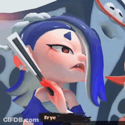 A Cartoon Character Named Frye Holds A Fan In Her Hand GIF