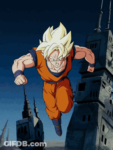 A Cartoon Character Named Goku Is Jumping Over A Building GIF