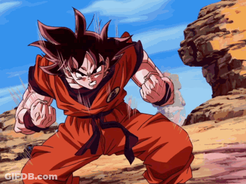 A Cartoon Character Named Goku Is Standing In Front Of A Cliff GIF