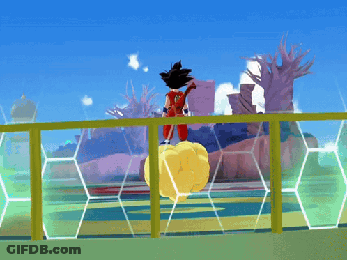A Cartoon Character Named Goku Is Standing On A Cloud In Front Of A Fence GIF
