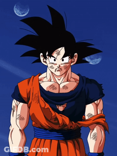 A Cartoon Character Named Goku Stands In Front Of A Blue Sky With Moons GIF