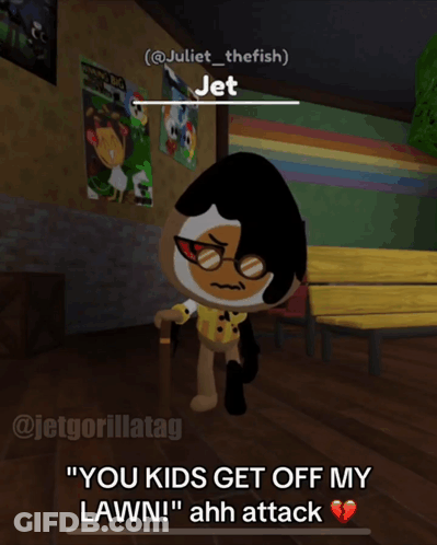 A Cartoon Character Named Jet Is Standing In A Room With Posters On The Wall GIF