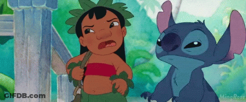 A Cartoon Character Named Lilo And Stitch Are Standing Next To Each Other And Looking At Each Other . GIF