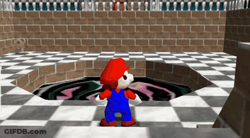 A Cartoon Character Named Mario Is Standing In A Checkered Room GIF