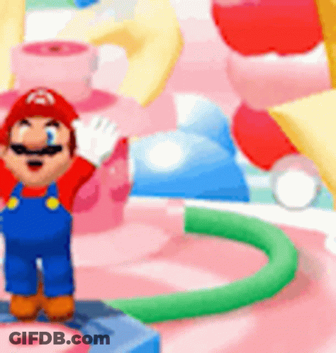 A Cartoon Character Named Mario Is Standing In Front Of A Pink And Blue Candy Land . GIF