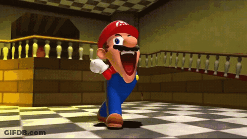 A Cartoon Character Named Mario Is Standing On A Checkered Floor With His Mouth Open GIF