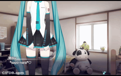 A Cartoon Character Named Miku Is Standing In A Bedroom GIF
