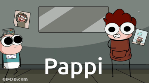 A Cartoon Character Named Pappi Stands Next To Another Character GIF
