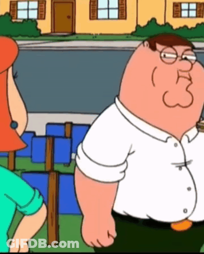A Cartoon Character Named Peter Griffin Stands In Front Of A Yellow House GIF