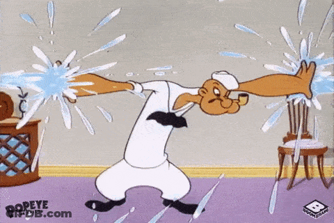 A Cartoon Character Named Popeye Is Standing In A Room With Water Splashing On Him GIF