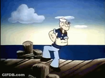 A Cartoon Character Named Popeye Is Standing On A Dock . GIF
