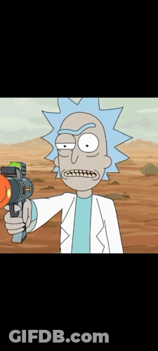 A Cartoon Character Named Rick From Rick And Morty Holding A Gun GIF