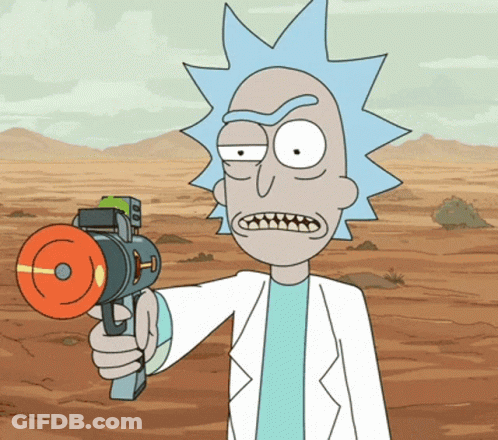 A Cartoon Character Named Rick From Rick And Morty Is Holding A Toy Gun GIF