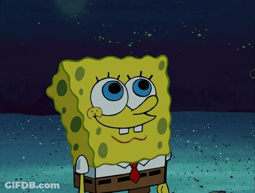 A Cartoon Character Named Spongebob Has Blue Eyes And A Red Tie GIF