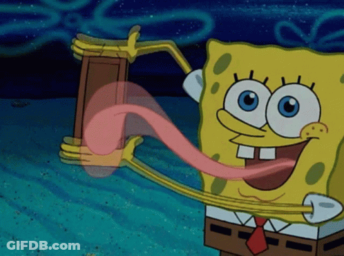 A Cartoon Character Named Spongebob Has His Tongue Hanging Out GIF
