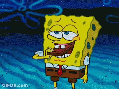 A Cartoon Character Named Spongebob Is Eating A Piece Of Chocolate GIF