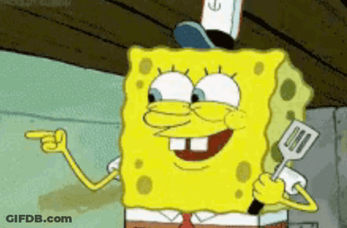 A Cartoon Character Named Spongebob Is Holding A Spatula And Pointing At Something . GIF