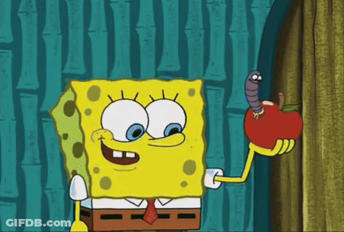 A Cartoon Character Named Spongebob Is Holding An Apple With A Worm In It GIF