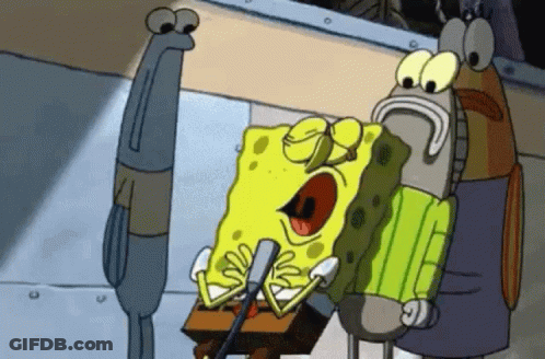 A Cartoon Character Named Spongebob Is Singing Into A Microphone While Another Character Looks On . GIF