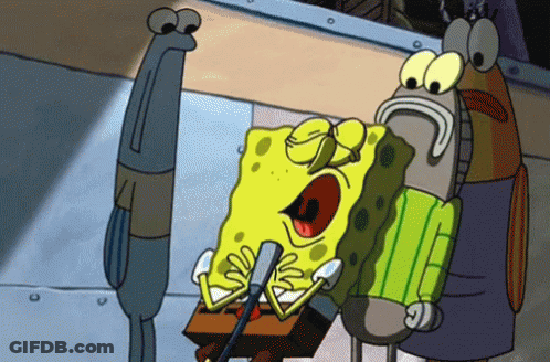A Cartoon Character Named Spongebob Is Singing Into A Microphone While Two Other Characters Look On GIF