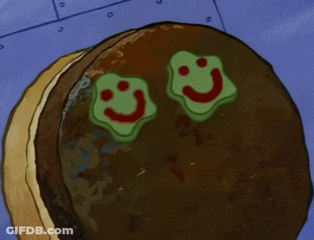 A Cartoon Character Named Spongebob Is Sitting At A Table With A Bunch Of Money And A Hamburger . GIF