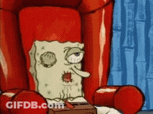 A Cartoon Character Named Spongebob Is Sitting In A Chair GIF
