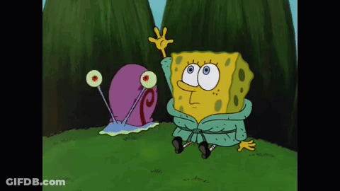 A Cartoon Character Named Spongebob Is Sitting Next To A Purple Snail GIF