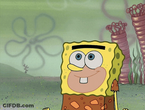 A Cartoon Character Named Spongebob Is Smiling In Front Of A Flower In The Background GIF