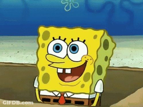 A Cartoon Character Named Spongebob Is Smiling With Blue Eyes GIF